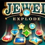 A Jewel Explode felirat alatt különböző színes és formájú ékkövek láthatóak fekete háttér előtt