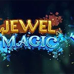 Színes drágakövek, amelyeket sötét háttér előtt lebegnek, a Jewel Magic felirat mellett