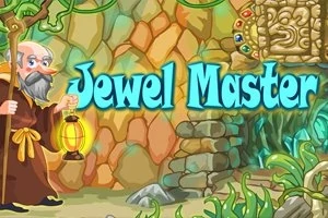 Egy idős, szakállas férfi lámpást tart egy színes, drágakövekkel díszített ősi kőtábla mellett a dzsungelben, a háttérben Jewel Master felirat látható