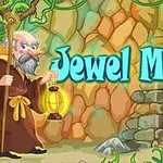 Egy idős, szakállas férfi lámpást tart egy színes, drágakövekkel díszített ősi kőtábla mellett a dzsungelben, a háttérben Jewel Master felirat látható