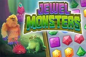 Szőrös és nagy szemű szörnyek állnak egy színes drágakövekkel teli háttér előtt, mely fölött „Jewel Monsters” felirat látható