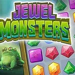 Szőrös és nagy szemű szörnyek állnak egy színes drágakövekkel teli háttér előtt, mely fölött „Jewel Monsters” felirat látható