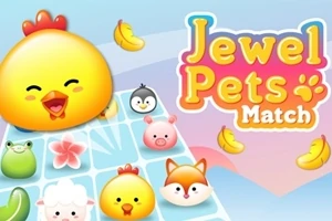 Színes állatfigurák gyűjteménye világoskék alapon, beleértve egy csibét, pingvint, malacot és rókát, Jewel Pets Match felirattal