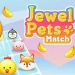 Színes állatfigurák gyűjteménye világoskék alapon, beleértve egy csibét, pingvint, malacot és rókát, Jewel Pets Match felirattal