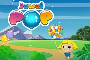 Egy rajzfilmszerű táj, ahol egy szőke kislány lufikkal áll a háttérben hegyekkel és a Jewel Pop felirat látható