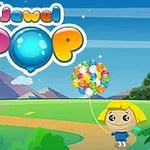 Egy rajzfilmszerű táj, ahol egy szőke kislány lufikkal áll a háttérben hegyekkel és a Jewel Pop felirat látható