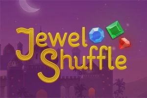 Lila háttér, amelyen a Jewel Shuffle felirat három különböző színű drágakővel, hátul pedig homályos kastély sziluettje látható