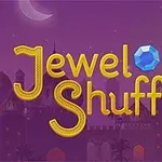 Lila háttér, amelyen a Jewel Shuffle felirat három különböző színű drágakővel, hátul pedig homályos kastély sziluettje látható
