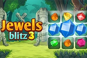 Színes drágaköveket ábrázoló táblán két kőszobor látható, amelyeket trópusi dzsungel vesz körül, a bal oldalon pedig a Jewels Blitz 3 felirat szerepel