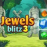 Színes drágaköveket ábrázoló táblán két kőszobor látható, amelyeket trópusi dzsungel vesz körül, a bal oldalon pedig a Jewels Blitz 3 felirat szerepel
