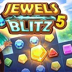 Rajzfilmszerű női karakter egy ősi építmény előtt drágakövekkel és a Jewels Blitz 5 felirattal
