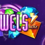 Színes drágakövek ibolya háttérrel és a Jewels Blitz felirat a középpontban