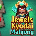Színes ékszerek és kőlapok mellett egy rajzolt női figura díszes fejdísszel és a szöveg Jewels Kyodai Mahjong