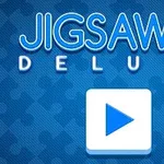 Kék háttér előtt a Jigsaw Deluxe felirat látható puzzle darabbal és egy lejátszás gombbal