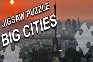 Eiffel-torony naplementében, puzzle darabokkal és „Jigsaw Puzzle Big Cities” felirattal
