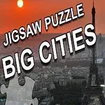 Eiffel-torony naplementében, puzzle darabokkal és „Jigsaw Puzzle Big Cities” felirattal