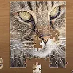 Egy részben összeállított puzzle egy macska arcképével, hiányzó darabokkal egy fából készült felületen