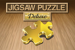 Arany színű puzzle darab fa háttérrel és a Jigsaw Puzzle Deluxe felirattal
