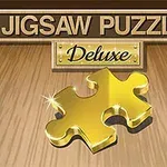 Arany színű puzzle darab fa háttérrel és a Jigsaw Puzzle Deluxe felirattal