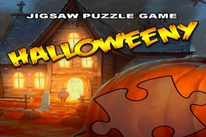 Régi, kivilágított faház őszi tájjal, díszített Halloween felirattal és puzzle darabbal az előtérben