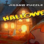 Régi, kivilágított faház őszi tájjal, díszített Halloween felirattal és puzzle darabbal az előtérben