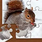 Egy hófehér háttér előtt egy mókust ábrázoló puzzle, amelyből néhány darab hiányzik