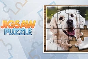 Puzzle darabokból kirakott kutya portréja, mellette Jigsaw Puzzle felirat