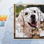 Puzzle darabokból kirakott kutya portréja, mellette Jigsaw Puzzle felirat