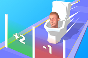 Egy ember feje látható egy mozgó WC-kagylóban, egy színes úton, ahol számok jelzik a pontszámokat