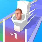 Egy ember feje látható egy mozgó WC-kagylóban, egy színes úton, ahol számok jelzik a pontszámokat
