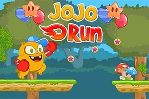 Rajzfilmszerű, sárga állat figura kék sapkában és piros bokszkesztyűben ugrik két lebegő platform között egy erdős háttérrel, amely felett lufik és gombák láthatók, valamint felette nagy, színes betűkkel a JoJo Run szöveg jelenik meg