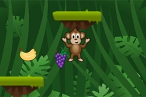 Jolly Jumper Egy rajzfilmszerű majom lila szőlő és banán mellett ugrál függőleges növényekkel borított dzsungel háttér előtt