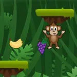 Jolly Jumper Egy rajzfilmszerű majom lila szőlő és banán mellett ugrál függőleges növényekkel borított dzsungel háttér előtt