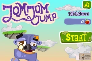 Rajzfilmes stílusú kép egy kék színű szörnnyel, felhőkkel és szigetekkel a háttérben, valamint egy kezdő gombbal és HighScore felirattal