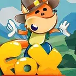 Rajzfilmszerű róka kalapban áll egy erdős háttér előtt, nagy sárga betűkkel a Fox szóval az előtérben