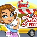 Egy illusztrált nő karját felemelve pózol egy sárga ételkamion előtt, amely hamburgert, sült krumplit és egy Julias Food Truck feliratot ábrázol