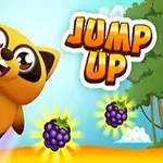 Aranyos, mosolygós rajzfilm-mókus, kezében bogyókkal egy erdei környezetben, mellette Jump Up felirat