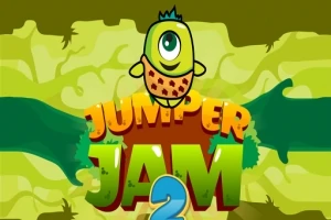 Egy zöld háttér előtt álló kerek szemű, mosolygós karakter látható a Jumper Jam 2 színes felirattal