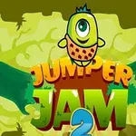Egy zöld háttér előtt álló kerek szemű, mosolygós karakter látható a Jumper Jam 2 színes felirattal