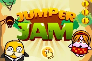 Színes kép két rajzfilmszerű figuráról, egy pókról és a Jumper Jam feliratról