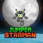 Egy zöld űrlényt ábrázoló figura űrruhában a Hold előtt, alul JUMPER STARMAN felirattal