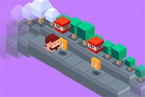 Egy pixeles karakter egy járdán halad érmék mellett fákkal és piros tetős házakkal körülvéve, lila háttérrel