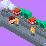 Egy pixeles karakter egy járdán halad érmék mellett fákkal és piros tetős házakkal körülvéve, lila háttérrel