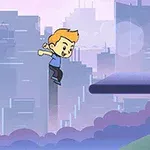 Egy rajzfilmszerű karakter ugrik egy platform felé egy stilizált városi háttér előtt