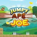 Rajzolt dzsungel jelenet, egy kis majommal egy platformon, és a Jumpy Ape Joe felirattal a középen