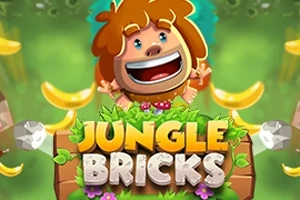 Egy vidám, barna hajú karakter mosolyog zöld dzsungel háttérrel, banánokkal körülvéve és alatta a Jungle Bricks felirat látható