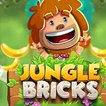Egy vidám, barna hajú karakter mosolyog zöld dzsungel háttérrel, banánokkal körülvéve és alatta a Jungle Bricks felirat látható