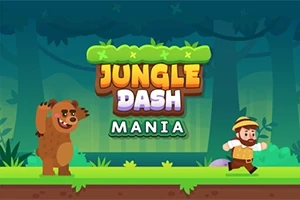 Egy rajzfilmes stílusú dzsungel háttér előtt egy medve és egy kalapos karakter fut egymás felé, középen pedig a Jungle Dash Mania felirat látható