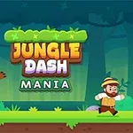 Egy rajzfilmes stílusú dzsungel háttér előtt egy medve és egy kalapos karakter fut egymás felé, középen pedig a Jungle Dash Mania felirat látható