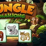 Állatokkal díszített mahjong kockák egy dzsungel háttérrel és Jungle Mahjong felirattal